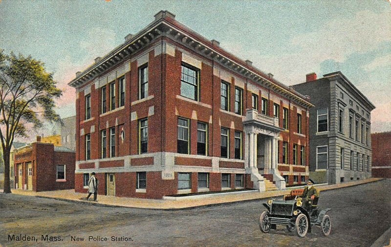 Malden MA New Police Station Old Car 1909 Postcard