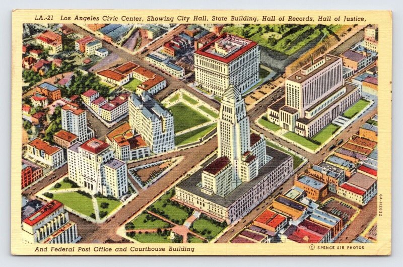 Los Angeles Civic Center, Downtown, Aerial View, Vintage Postcard  P9