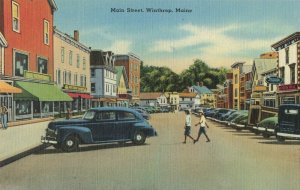 circa 1940's Main Street Cars Winthrop Maine Postcard 10c1-713