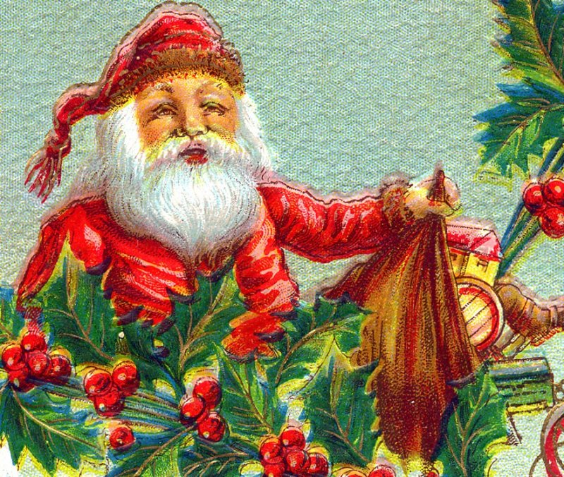 Christmas ~SANTA w/ BAG OF TOYS IN HOLLY~GOLD BELLS~Embossed Antique Postcard