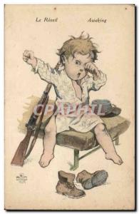Old Postcard Fun Children The awakening (soldiers militaria)