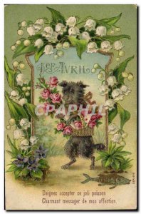 Old Postcard Fantasy Flowers Lily of the Valley Dog Fish