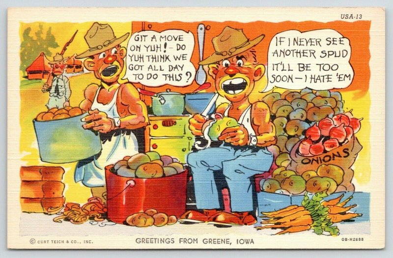 WWII Greetings From Greene Iowa~Soldier Peels Potatoes~Hates Spuds~1940s Linen 