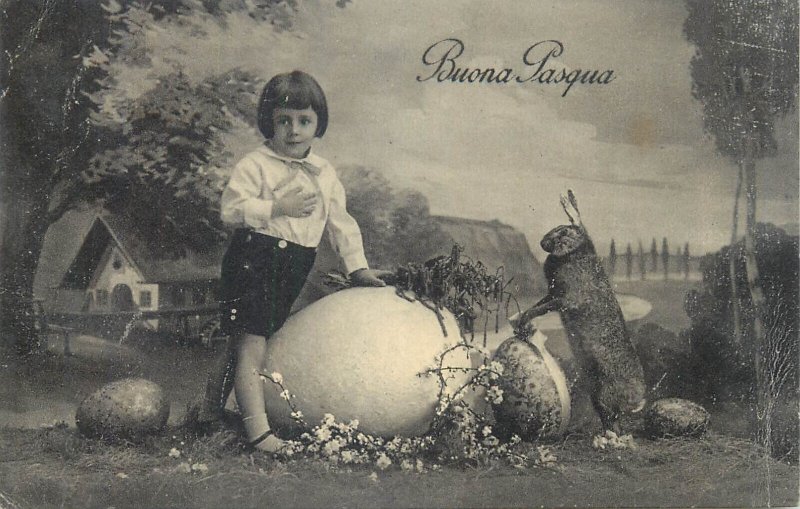 Buona Pasqua Easter greetings postcard Italy 1923 lovely girl bunny rabbit egg