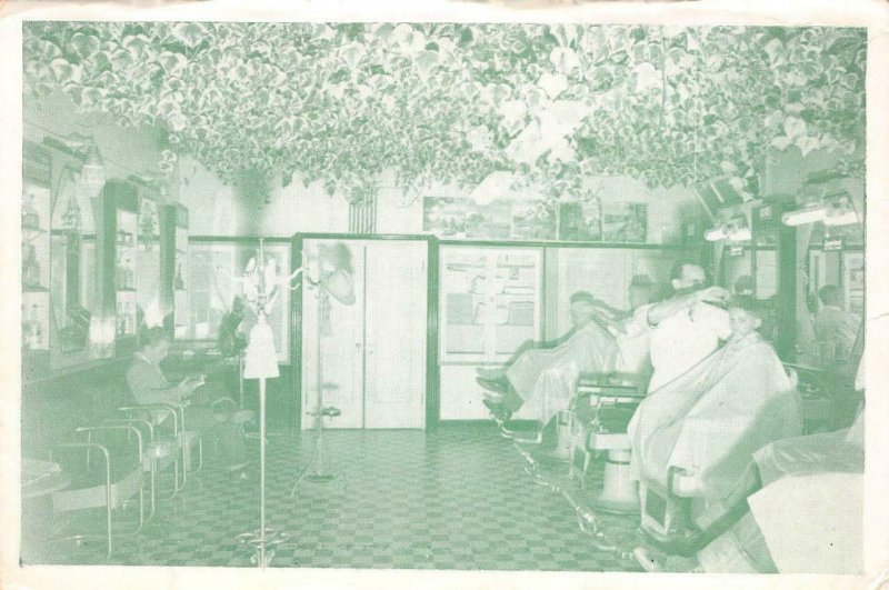 IVY DELUXE BARBER SHOP Santa Cruz, CA Interior View c1940s Vintage Postcard