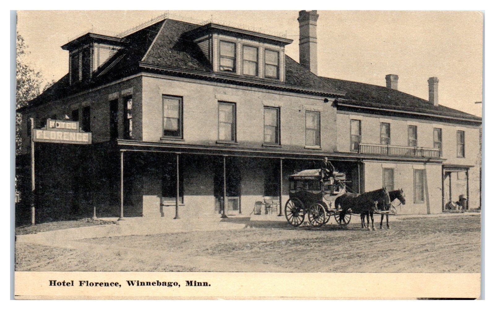 Early 1900s Hotel Florence and Stagecoach, Winnebago, MN Postcard