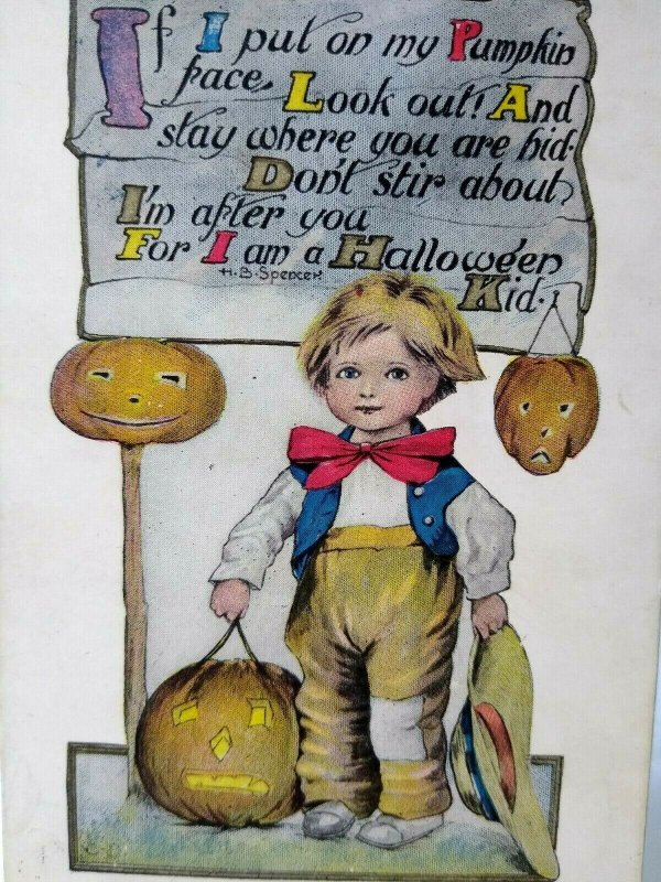 Halloween Postcard Farmer Boy Pumpkins Fantasy HB Spencer Artist CD Clen Denning