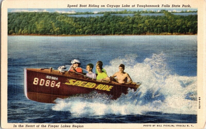 Speed Boat Riding Cayuga Lake Taughannock Falls State Park Vintage Postcard 