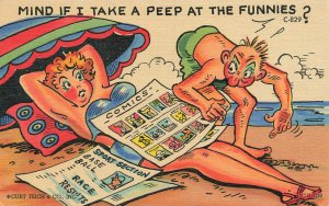 Curt Teich Mind If I Take A Peep At The Funnies? Linen Postcard