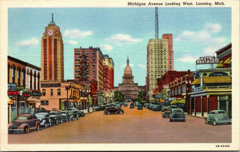 Vtg 1940s Michigan Avenue Looking West Lansing Michigan MI Unused Linen Postcard