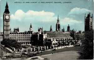 VINTAGE POSTCARD HOUSES OF PARLIAMENT AND SQUARE AT LONDON U.K. DENNIS 1950s