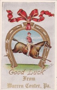 Rider On Horseback Jumping Through Horseshoe Good Luck From Warren Center Pen...