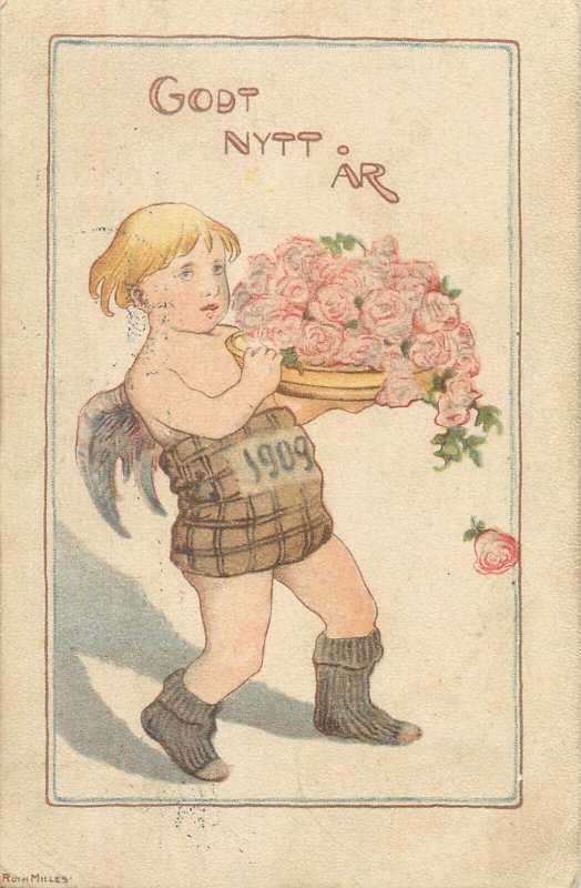 Swedish artist Ruth Milles 1909 New Year greetings cupid angel roses Sweden 