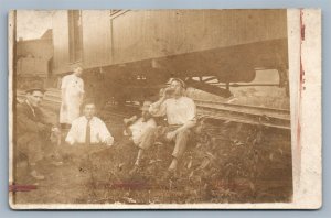 TRAIN STOP PICNIC ANTIQUE REAL PHOTO POSTCARD RPPC railway railroad