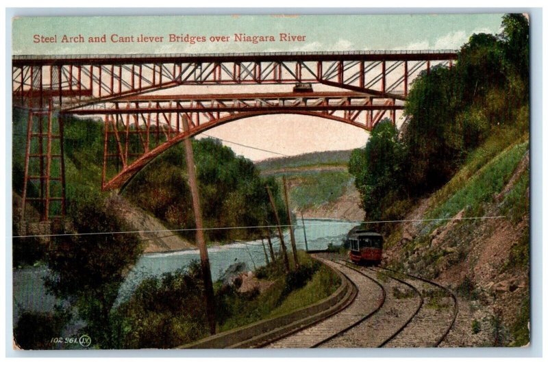 1913 Steel Arch Cantalever Bridges Streetcar over Niagara River Vintage Postcard