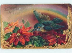 Pre-Linen BEAUTIFUL LARGE BLUEBIRD BIRD WITH RED FLOWERS HJ4423