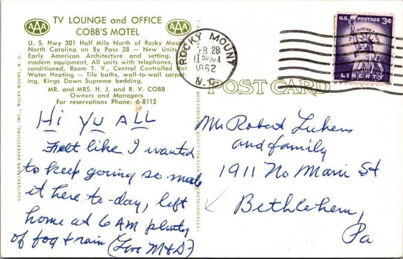 Rocky Mount, NC North Carolina COBB'S MOTEL Cabins 1962 ROADSIDE Chrome Postcard