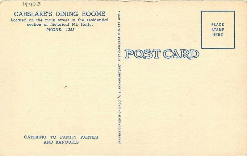 Carlslake Dining Rooms Roadside Mt Holly New Jersey 1940s Postcard Teich 2064