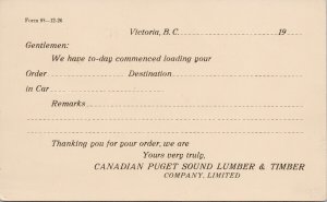 Victoria BC Canadian Puget Sound Lumber & Timber Advertising Order Postcard G88