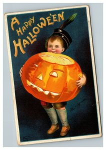 Vintage 1912 Ellen Clapsaddle Halloween Postcard Cute Kid Giant Jack O Lantern