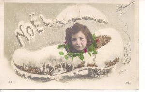 RPPC Christmas, Cute Little Girl in Shoe, Snow, Umbrella, Holly, Noel 1912