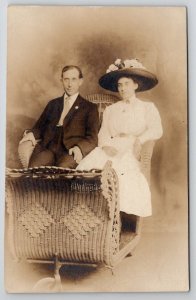 Atlantic City NJ RPPC Edwardian Couple Wicker Rolling Cart Studio Postcard AA3