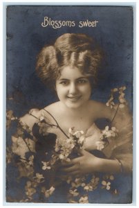 1914 Blossoms Sweet Pretty Woman Flowers RPPC Photo Davenport Iowa IA Postcard