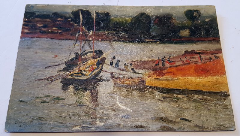 VINTAGE POSTCARD OIL PAINTED. BOAT. UNUSED!!