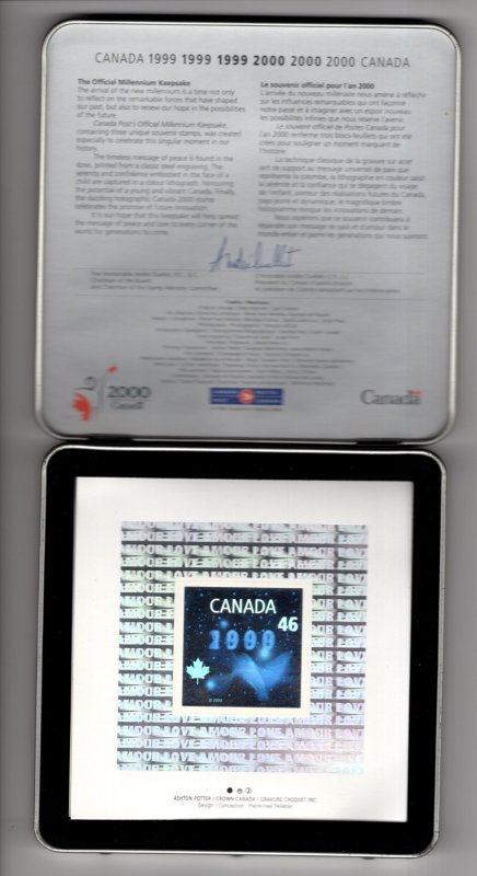 Canada Post Office  Keepsake, Year 2000 Millennium Stamps, Coin in Metal Box