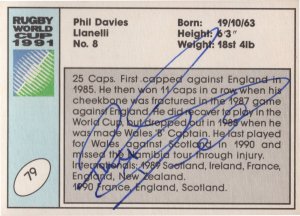 Phil Davies Wales Welsh Hand Signed Rugby 1991 World Cup Card Photo