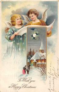 Christmas Greetings Angels Scenic View Church Antique Postcard J52630 
