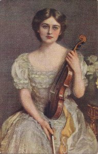 Beautiful Young Woman w Violin, Prelude, Music, ca. 1910, German Litho, Dress