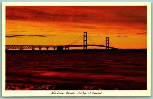 Mackinac Bridge at Sunset Michigan MI UNP Chrome Postcard F14