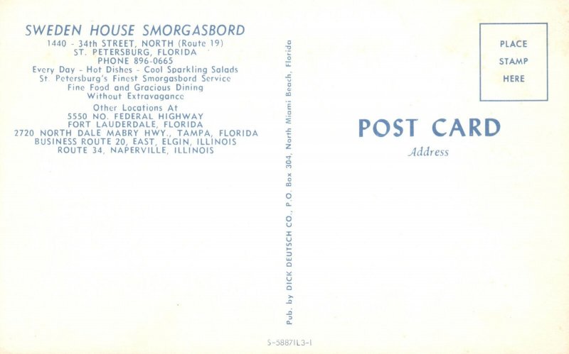 Vintage Postcard Sweden House Restaurant Smorgasbord St. Petersburg Florida FL