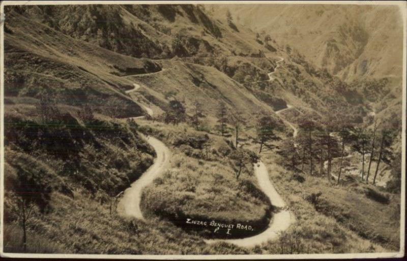 Philippines Zigzag Benguet Road c1920s Manila Cancel Real Photo Postcard