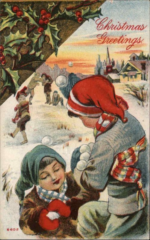 Christmas Little Boys Winter Hats Snowball Fight c1910 Vintage Postcard