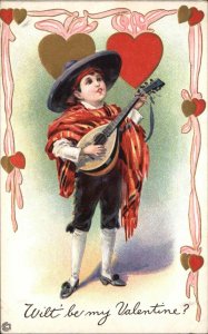 Valentine Stecher Ser 313D Young Boy Troubador with Mandolin c1910 Postcard
