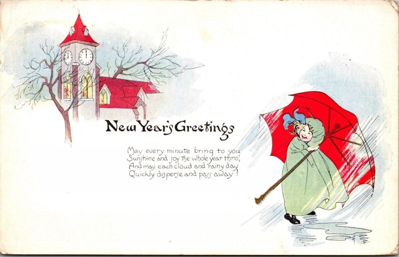 New Year Postcard Clock Tower Child Holding Giant Umbrella in the Rain