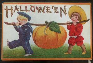 Mint Vintage USA Picture Postcard PPC  Halloween Kids With A Big Pumpkin