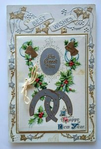 New Years Postcard Ser 516 German Embossed Foldout Original Antique Fancy Unused