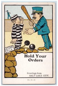 Greetings Postcard Salt Lake City Jail Chain Gang Stone Pile c1905 Antique