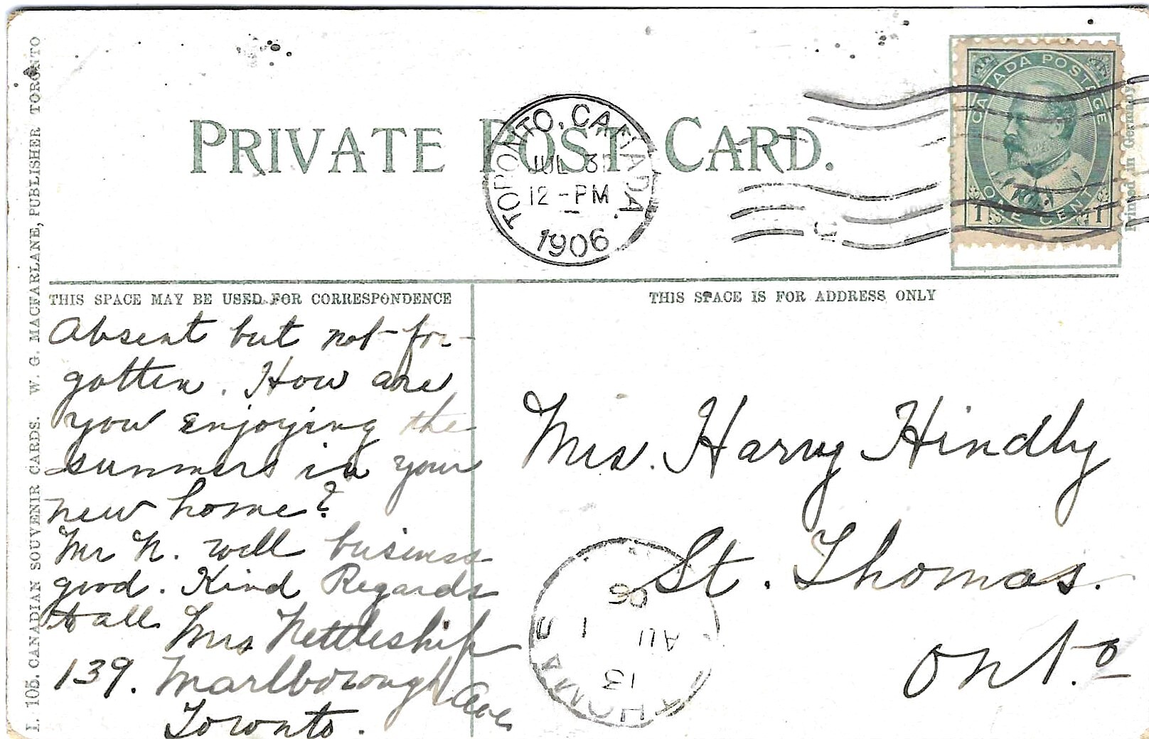 Private postcard of Toronto University, Toronto, Canada, posted 1906