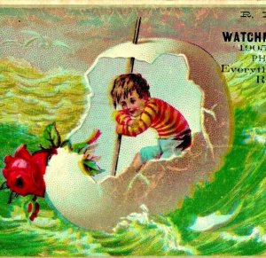 Victorian Trade Card Boy Riding In A Giant Cracked Egg Boat Waves Easter M11