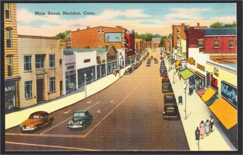 Meriden CT Main Street with Stores and Cars 1940s-1950s Linen Postcard