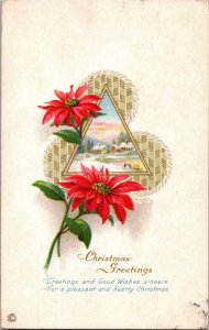 1916 vintage CHRISTMAS Poinsettia Farm Scene Snow Glossy Vintage Postcard a5