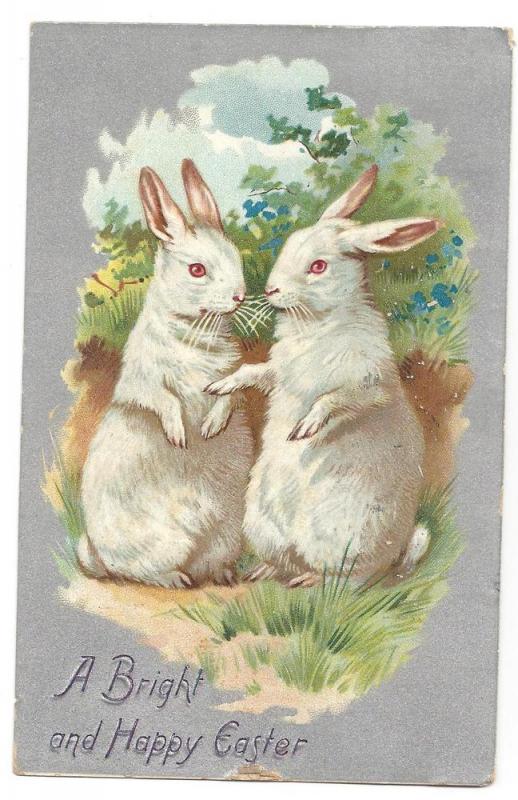 Tuck Easter Postcard White Rabbits Silver Background 1910