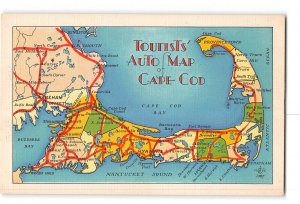 Cape Cod Massachusetts MA Postcard 1930-1950 Tourists Auto Map of Cape Cod