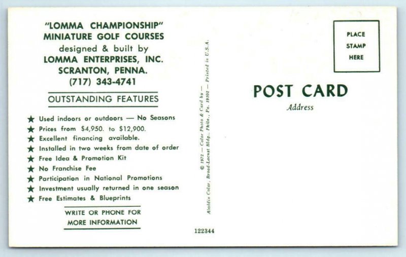 Advertising LOMMA MINIATURE GOLF COURSES Scranton, PA Bumper Pool 1972 Postcard