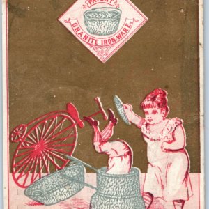 c1880s Granite Ironware Trade Card Penny Farthing Bicycle Enamelware Akron O C45