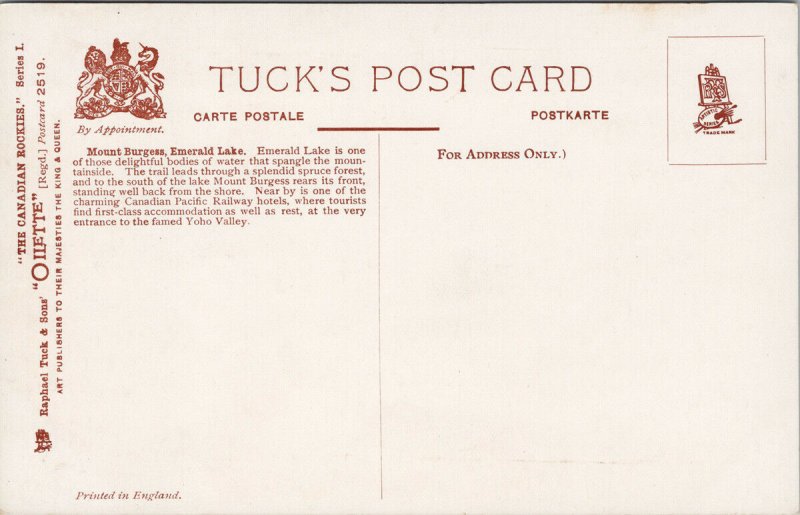 Emerald Lake Mount Burgess BC Tuck Unused Postcard E82